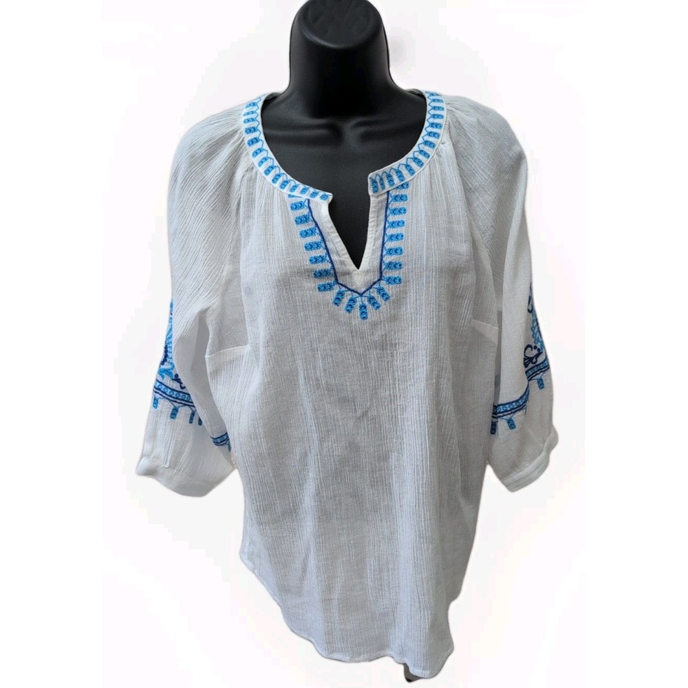 NEW Talbots Top Women's Small White Blue Embroidered Popover Blouse Peasant BOHO